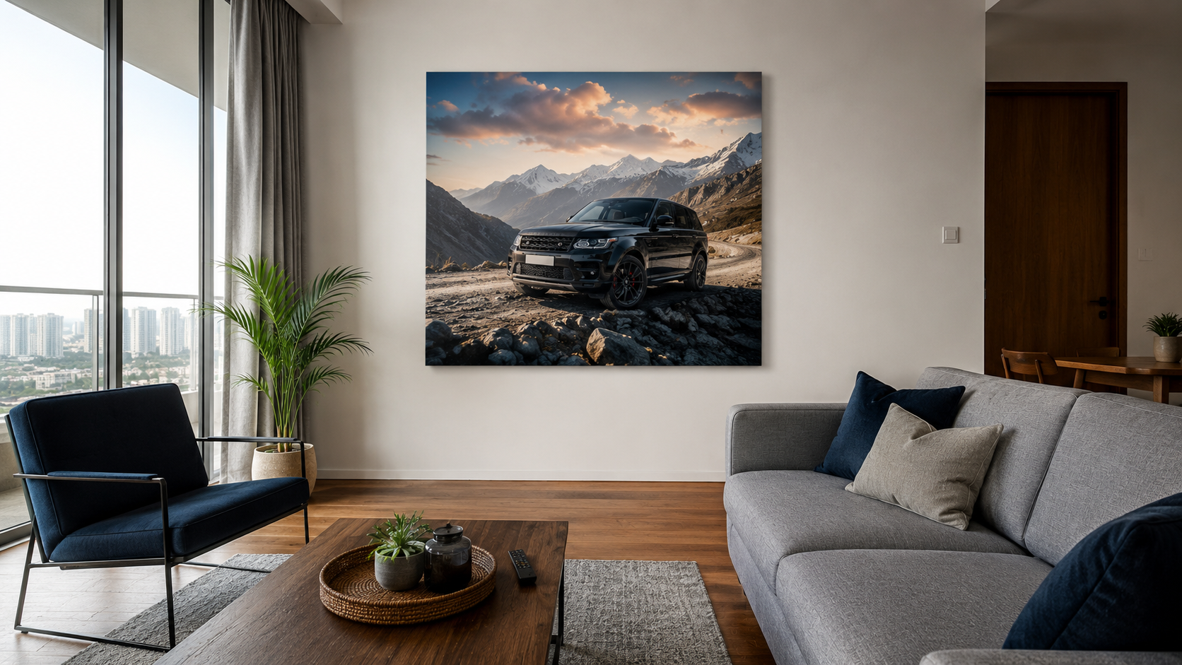 Car canvas print on Indian living room wall with city view