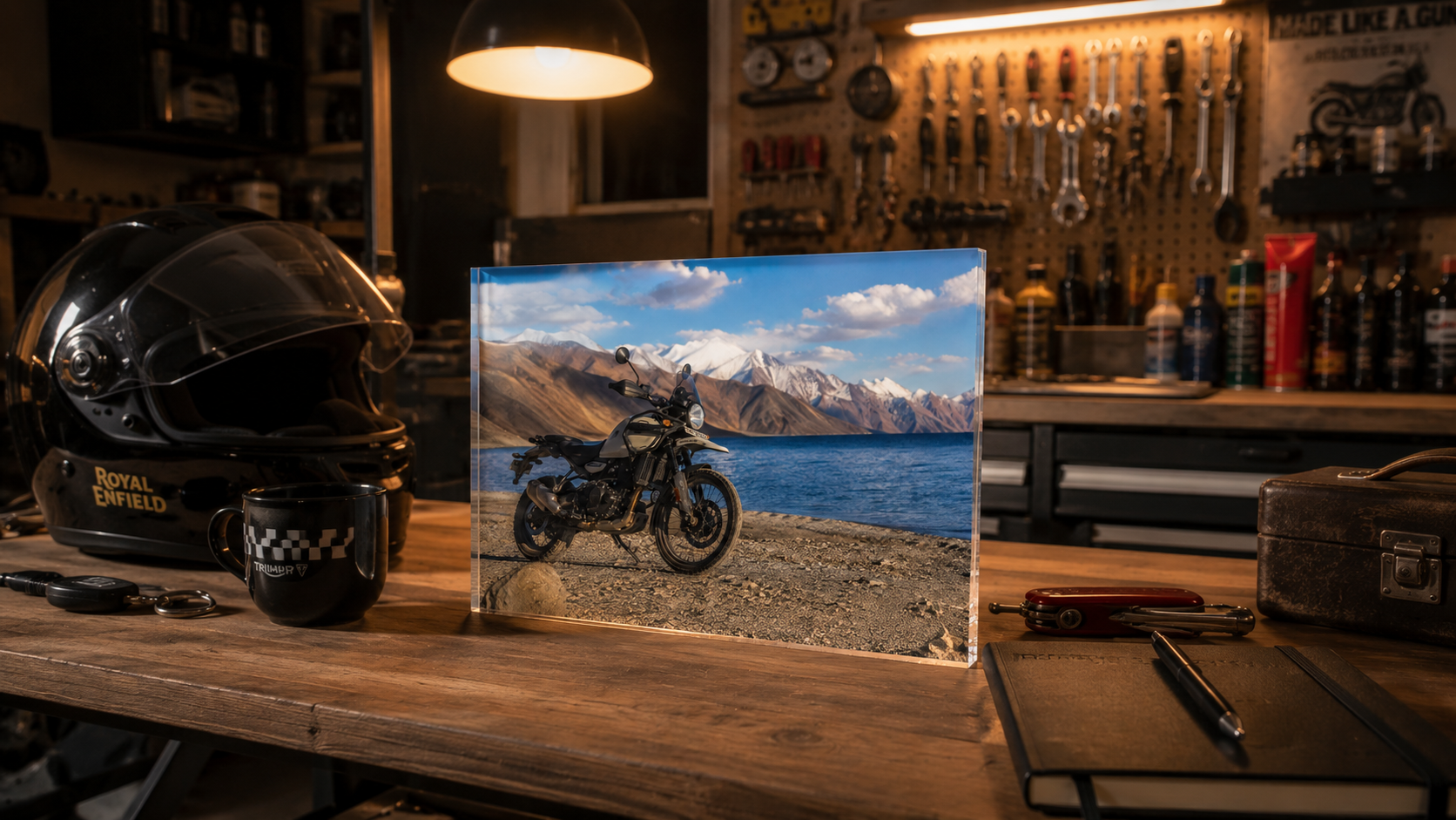 Royal Enfield acrylic desk stand on garage workbench