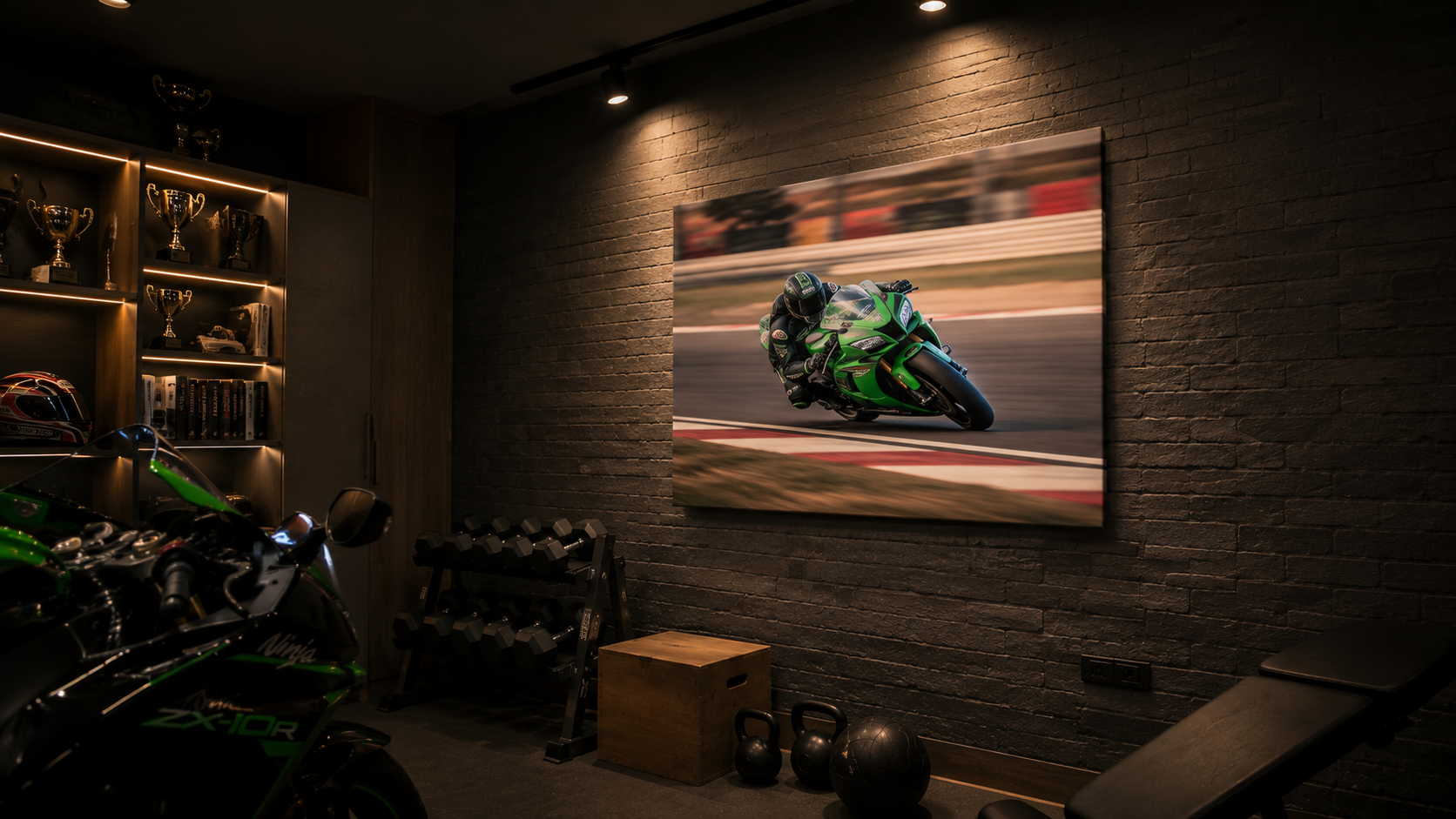 Superbike metal print mounted on brick wall in garage man cave